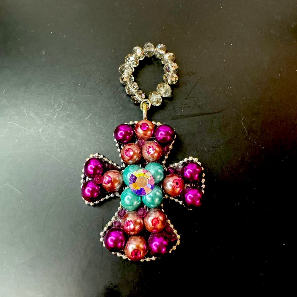 Vintage Beaded Cross Pendant with Crystal Bead Loop – Statement Jewelry